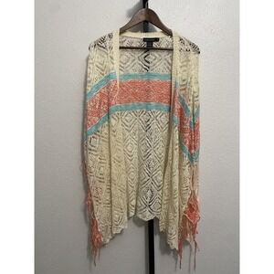 Women's Crochet Lace Fringe Duster Cardigan L Festival Boho Coastal Southwestern